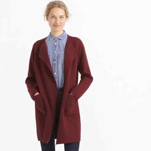 J Crew Juliette Burgundy Collarless Long Open Cardigan Blazer Merino blend - Picture 1 of 7